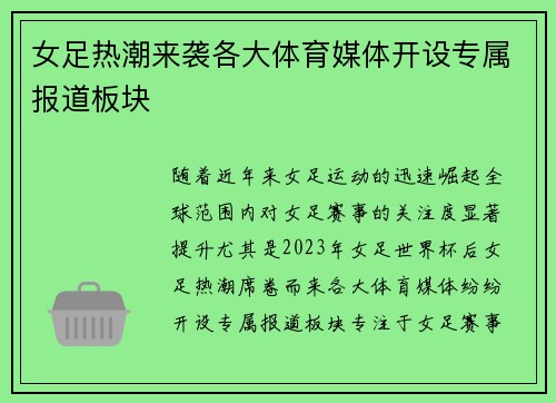 女足热潮来袭各大体育媒体开设专属报道板块 女足热潮来袭各大体育媒体开设专属报道板块
