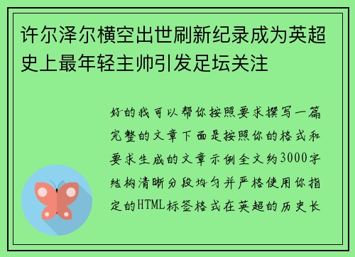 许尔泽尔横空出世刷新纪录成为英超史上最年轻主帅引发足坛关注
